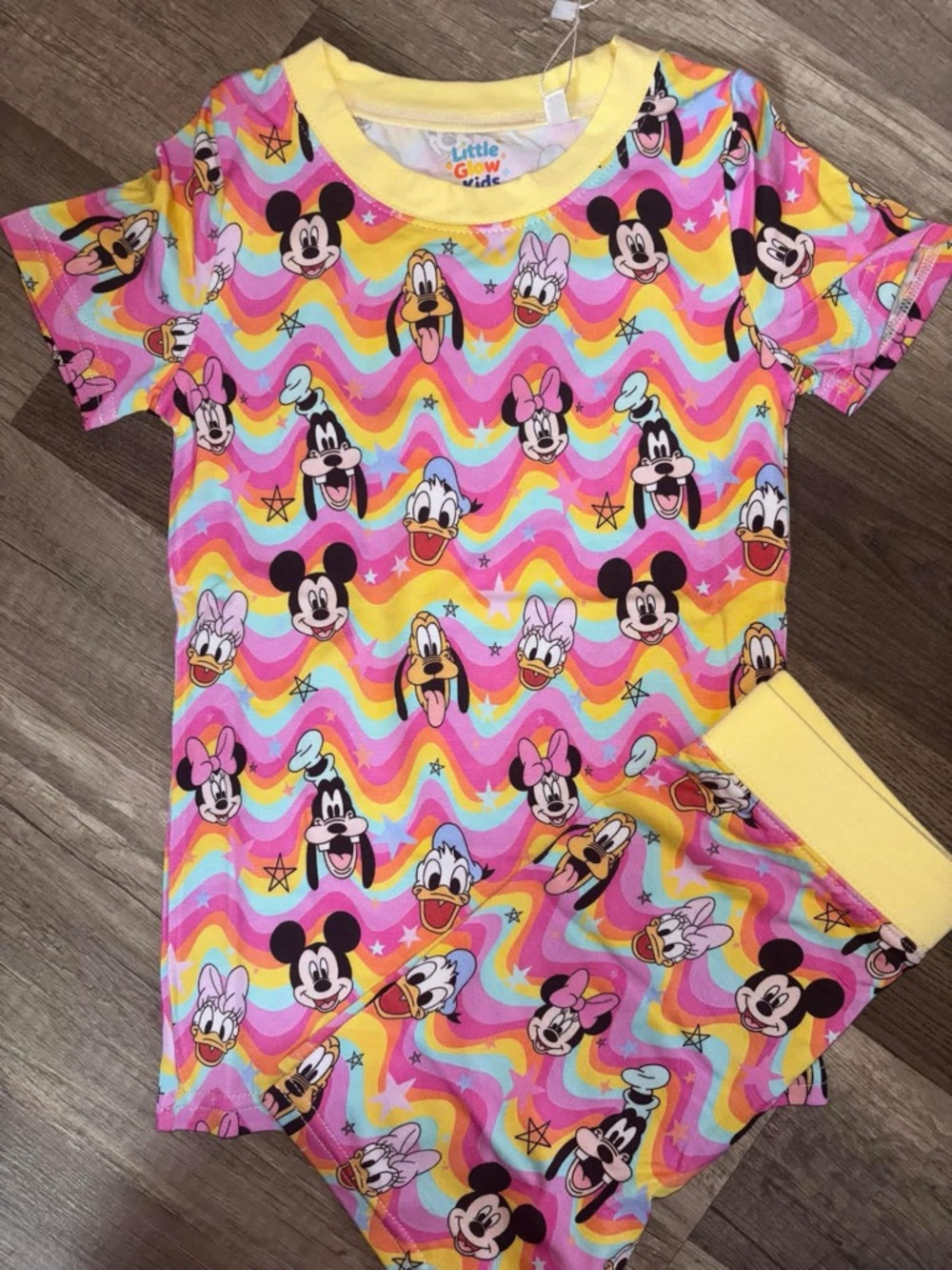 BAMBOO Kids Disney Character Rainbow Short Sleeve Pajama Set - Pink & Yellow